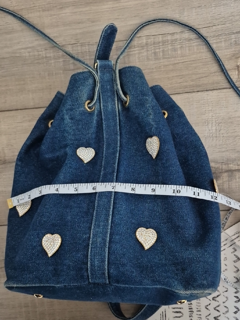 Sepcoeur Paris Denim Bucket Drawstring Bucket Bag with Heart Studs - Blue - Picture 12 of 15